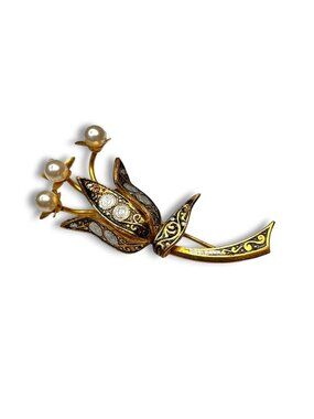 Spain Damascene Flower Pearl Brooch Mid Century 1950s Vintage